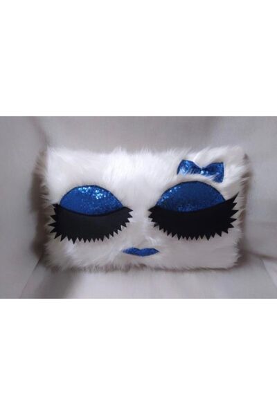 YILMAZHOME Kirpikli Peluş Kırlent Kılıfı - (Beyaz Peluş-Mavi Kirpik)