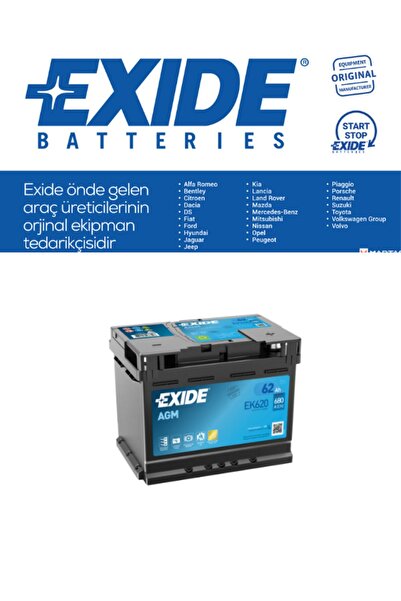 EXIDE 62 AH AGM AKÜ START&STOP 680CCA DÜZ TIRNAKLI