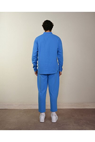 İLKCET MODA Cămașă pentru bărbați cu mânecă lungă din muselină albastră