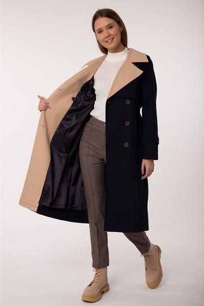 PASTELASTORE Cotton Gabardine Long Double Color Garnished Women's Trench Coat 1114