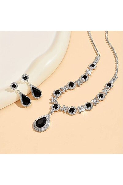 Estilo Lingerie Black Crystal Jewelled Necklace and Earrings Set - Special Occasions and Wedding Bridal Set