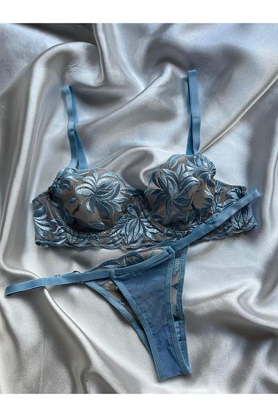 Nashera Mia Brode Underwire Sexy Tulle Bra and Blue Rose Embroidered Lingerie Set