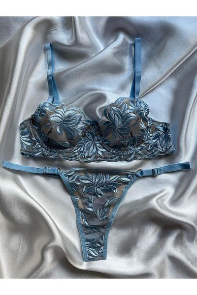 Nashera Mia Brode Underwire Sexy Tulle Bra and Blue Rose Embroidered Lingerie Set