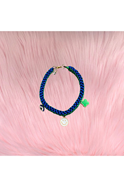 GOLD PUPPY Mavi-Yeşil Örgü Charm Uçlu Köpek-Kedi Tasması