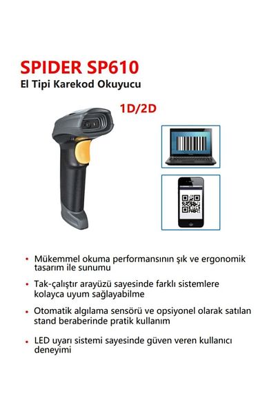 PERKON قارئ Spıder Sp610 USB 1d-2d (رمز الاستجابة السريعة) + قدم