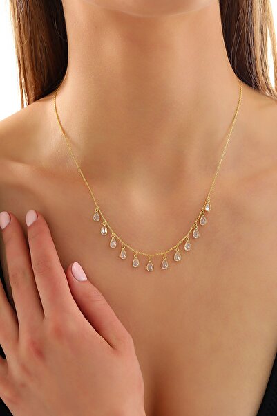 Queen Silver Jewelry 925 Ayar Gümüş, Damla Zirkon Taşlı Sallantı Kolye