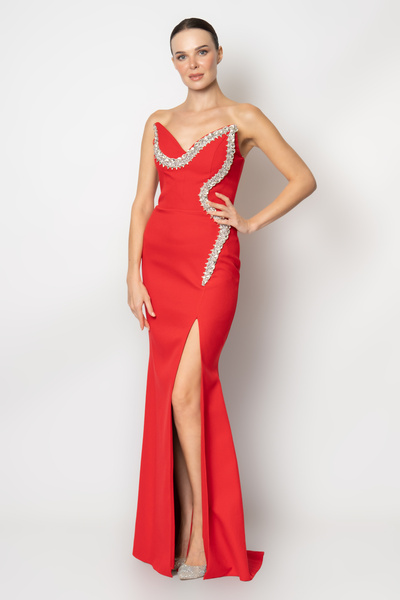 RENGIN Kedi yakalı yakası taş şerit aksesuarlı krep abiye elbise