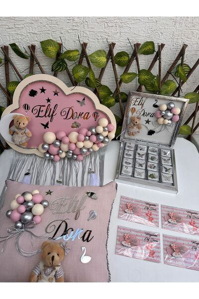 KRVTASARIM KRV TASARIM KIZ BEBEK SET KAPI SÜSÜ & TAKI YASTIĞI & 30 ADET MAGNET & 48Lİ ÇİKOLATA KUTUSU