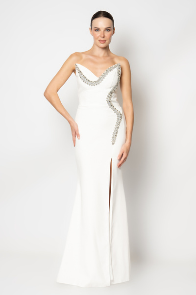 RENGIN Kedi yakalı yakası taş şerit aksesuarlı krep abiye elbise