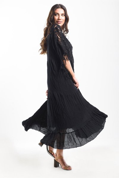Sosyete Kaplumbağa Women's Black Authentic Voile Cotton Guipure Detailed Spanish Sleeve Maxi Dress