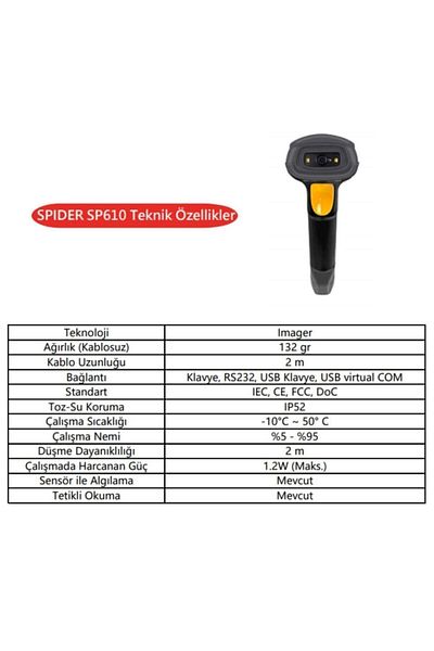 PERKON قارئ Spıder Sp610 USB 1d-2d (رمز الاستجابة السريعة) + قدم