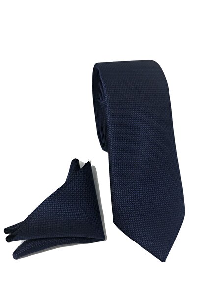 CRWAT ® ربطة عنق رفيعة من القماش المنسوج باللون الأزرق الداكن / منديل