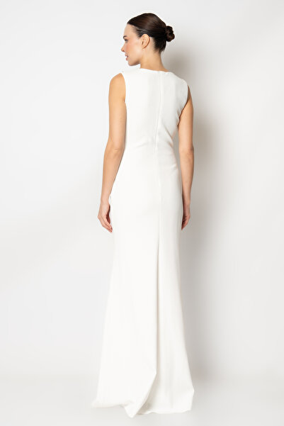 RENGIN Göğsü incili yakası tül kolsuz krep abiye elbise