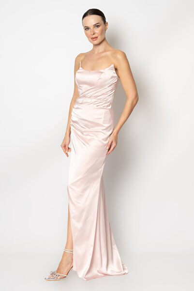 RENGIN Belden pileli kedi yaka krep saten straplez abiye elbise