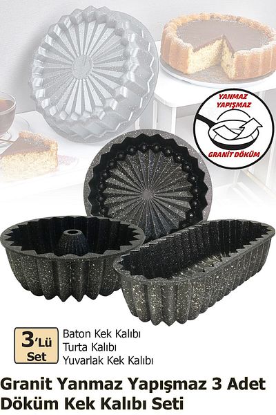 FİTHOME 3-Piece Granite Cast Cake Mold Set Pie Mold Baton Cake Mold Round Cake Mold Set