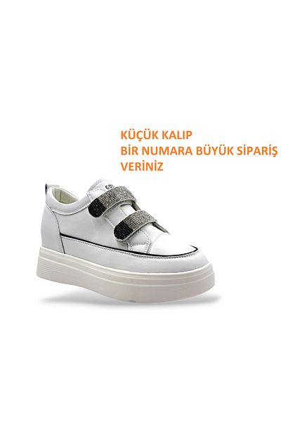 Guja White Stoned Velcro Hidden Heel Genuine Leather Women's Sneakers - 2 cm