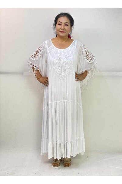 Sosyete Kaplumbağa فستان نسائي طويل من القطن الفوال الأصلي باللون الأبيض مزين...