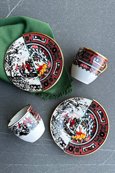 porselenden Black Honey Premium Porselen Çift Desenli İki Desenli İki Kişilik Fincan Takımı Özel Tasarım kırmızı