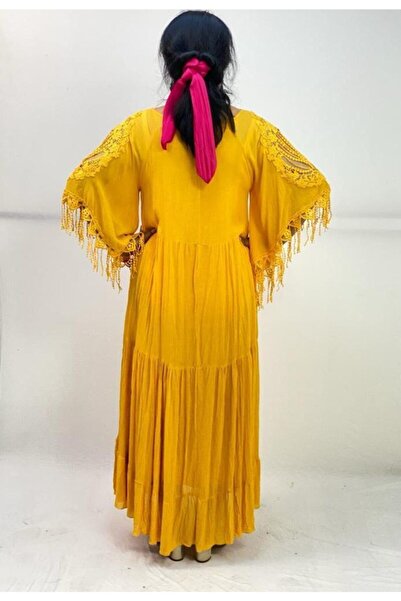 Sosyete Kaplumbağa Otantik Vual Pamuk Gipür Detaylı Ispanyol Kol Hardal Maksi Elbise