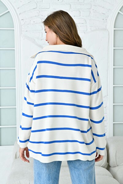 WOMAN VISION Pulover tricotat supradimensionat cu fermoar și dungi albastre - umeri goi, mânecă lungă 2542