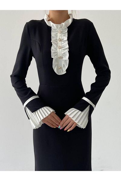 Afiş Butik Rochie midi neagră cu volană