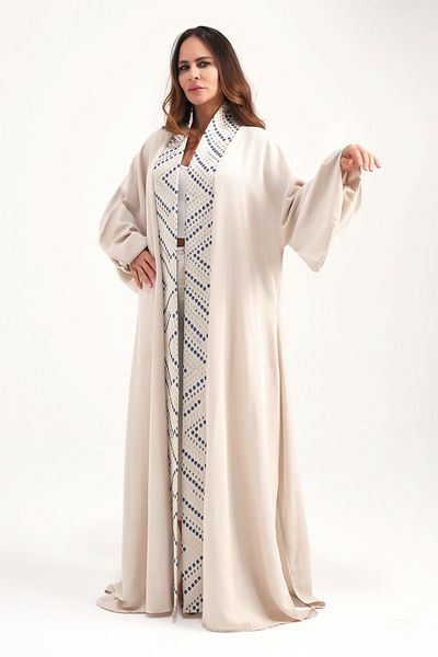 Marever Fashion Brocade Placket Linen Caftan Beige