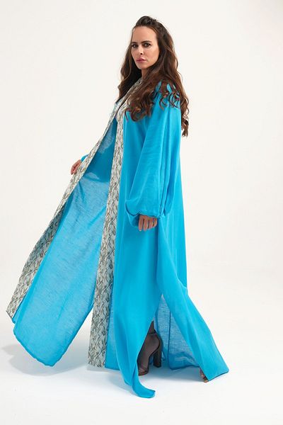 Marever Fashion Brocade Placket Linen Caftan Turquoise