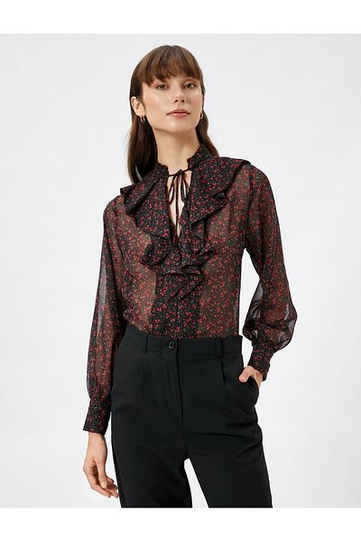 Koton Floral Chiffon Shirt Ruffled Collar with Tie Detail Long Sleeves