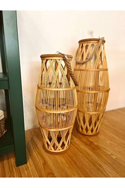 KaiHome Dekoratif Bambu Rattan Halatlı Fener Mumluk Orta Boy