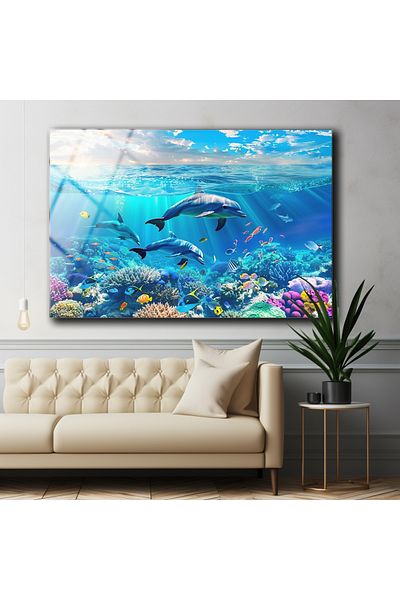 BV DEKOR Γυάλινη διακόσμηση τοίχου Dolphin Fish, Μοντέρνα ζωγραφική σε γυαλί, εκτύπωση UV σε σκληρυμένο γυαλί, εξαιρετικής ποιότητας