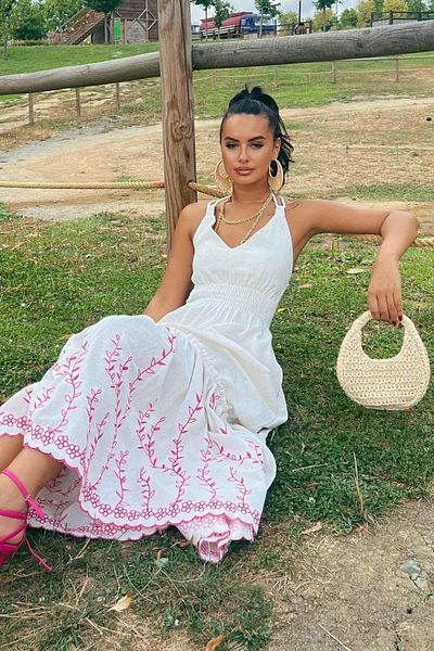 Lusin Ecru Linen Dress - Long, Embroidered Skirt, Elastic Waist