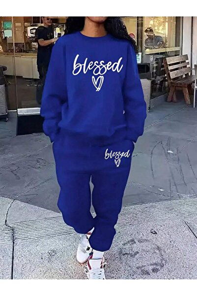 MODARİCH طقم سويت شيرت وسروال رياضي من Sax Blue مطبوع برقبة دائرية وقلب مبارك