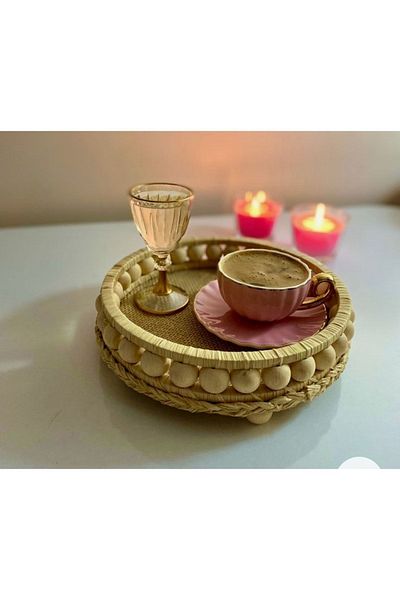 Süs Dükkanı Wooden Tray Natural Raffia Wooden Beaded Decorative Wicker Tea Coffee Presentation Tray Model Diameter 20 cm