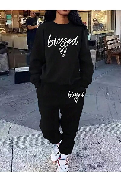 MODARİCH Μαύρο φούτερ Blessed Heart - Jogger Sweatpants Crew Neck Printed Set