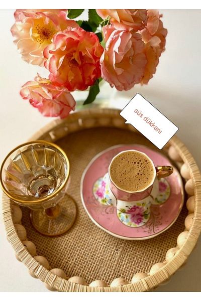 Süs Dükkanı Wooden Tray Natural Raffia Beaded Tea Coffee Serving Tray Model Diameter 25 Cm