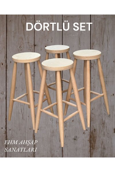 e.h.m ahşap sanatları AHŞAP YUVARLAK BAR TABURE SANDALYE [ 4 ADET ] 70 CM