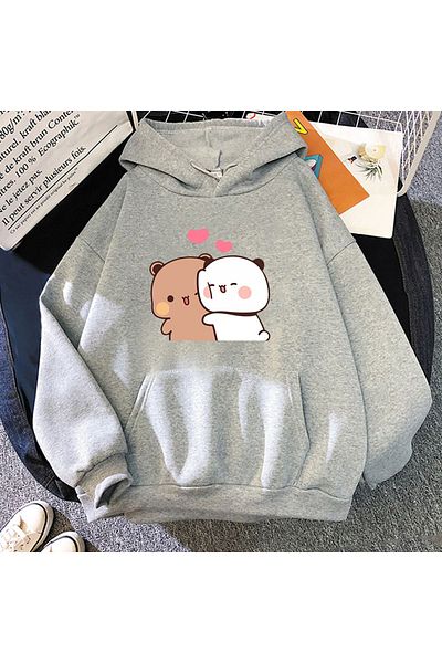 MODARİCH Γκρι Oversize Panda Bubu and Dudu φούτερ - Ροζ κουκούλα
