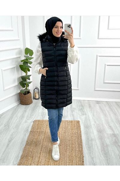 Parla moda Fulya Women's Full Filling Fiber Puffer Vest-black