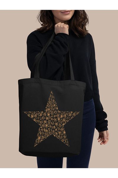 Cemira Black Leopard Star Tote - Χοντρή τσάντα αγορών και ώμου