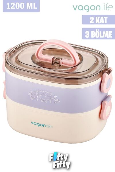 Vagonlife 1200ml Two Layers Three Sections Stainless Steel Lunch Box New Generation Expedition Tas-Spoon