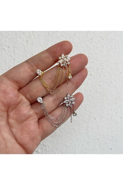 ds denizden silver Tekli Gümüş Zincirli Tasarım Çiçek Küpe - (GOLD) 1 Adet
