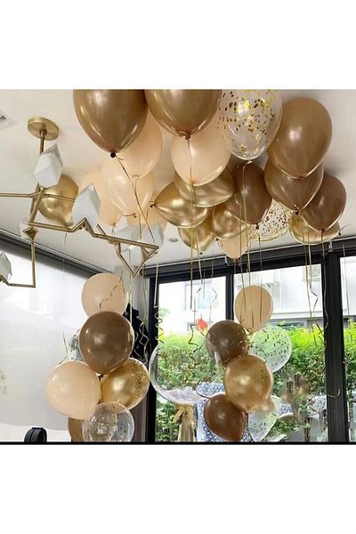 Deniz Party Store Chrome Gold Brown Skin Transparent Balloon with Gold Confetti Set of 20
