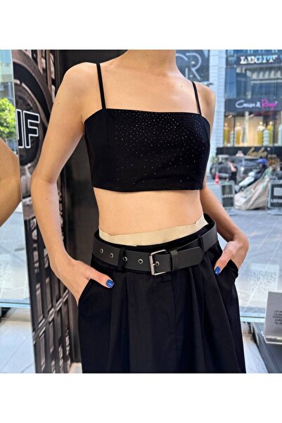 Lefon Taşlı Askılı Şık Crop, Sırt Bağlama Detaylı