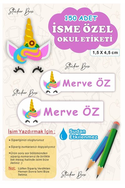 Think And Print Okul Etiketi ÜnicornKalem Defter Özel Isim Yazılabilen Etiket...