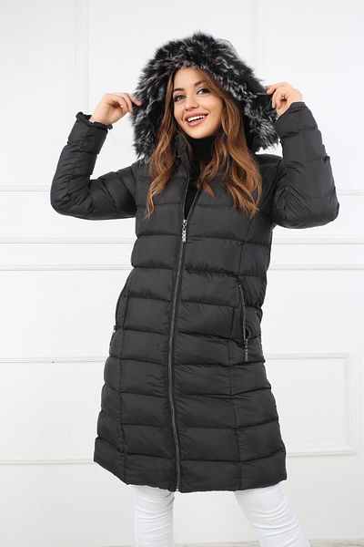 S&V TEKSTİL Women's Black Puffer Long Coat