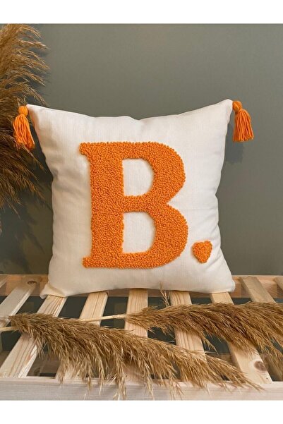 Sisters Punch B Harfi Turuncu Harfli Punch Krem Yastık Kırlent Kılıfı 43x43 C...