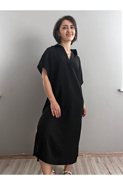 soBasic Чорна довга лляна сукня - з коміром та розрізом, літня - S