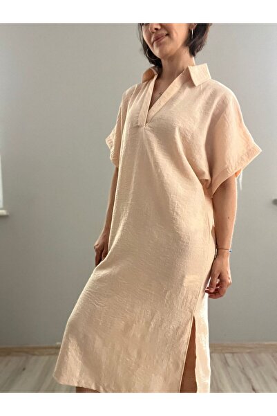 soBasic Бежеве довге лляне плаття - комір сорочковий та розріз