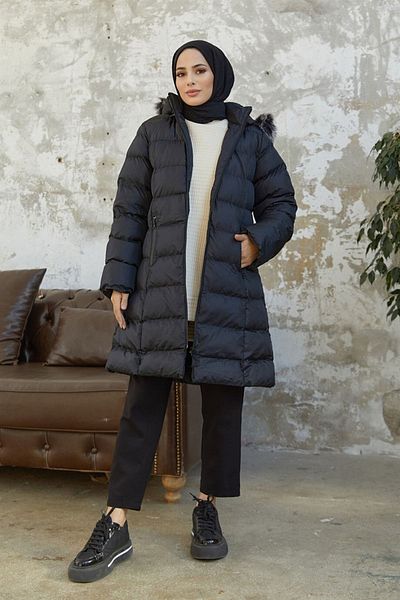 Mısra Modamia 7024 Plain Section Hooded Puffer Jacket with Zipper Pocket on the Front - Black