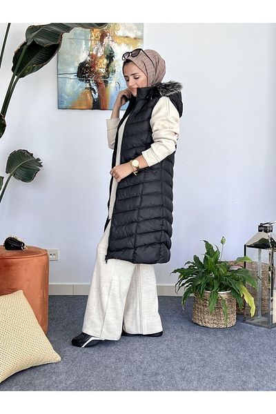 ASEL FASHİON Hooded Furry Puffer Vest Black
